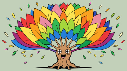 Poster - A tree with leaves of every color imaginable like a magical rainbow had exploded and landed on each individual leaf.. Cartoon Vector.