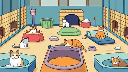 Wall Mural - At the animal shelter the cat section is filled with cozy beds scratching posts and toys. The cats are lounging in their designated spaces each with. Cartoon Vector.