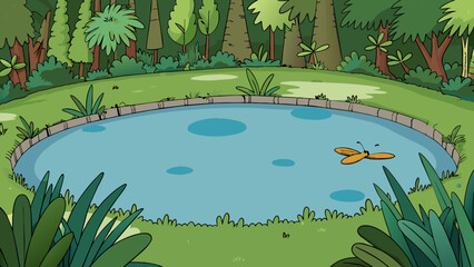 Poster - At the back of the lot there is a small pond surrounded by thick foliage. The water is dark and still reflecting the lush greenery around it.. Cartoon Vector.