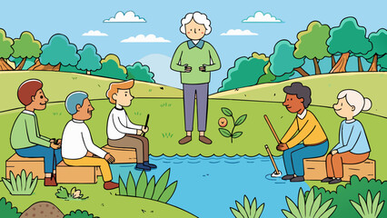 Poster - At the edge of a peaceful lake a small group of elders sit on a log surrounded by lush greenery. A young member of the community stands in front of. Cartoon Vector.