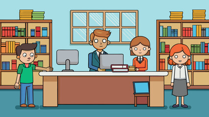 Wall Mural - At the front of the library there is a grand desk where librarians assist visitors with their inquiries. The desk is filled with stacks of books. Cartoon Vector.