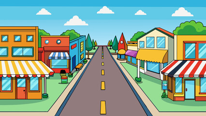 Aufkleber - A vibrant street lined with small businesses each with their unique storefronts and welcoming signs drawing in residents to support their local. Cartoon Vector.