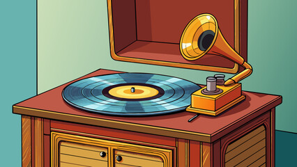 Poster - A vintage record player with its sleek wooden exterior and intricate brass details sits proudly on a shelf. The needle delicately rests on a vinyl. Cartoon Vector.