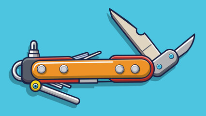 Poster - A versatile multitool with a sy stainless steel frame and various attachments including a bottle or and screwdriver perfect for outdoor adventures and. Cartoon Vector.