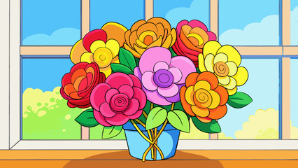 Aufkleber - A vibrant bouquet of flowers rests on a windowsill soaking up the warm sunlight. The flowers vary in color from bright pink to sunny yellow and the. Cartoon Vector.