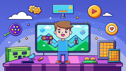 Fototapete - A video game This software is an interactive form of entertainment that involves players controlling characters and completing tasks within a virtual. Cartoon Vector.