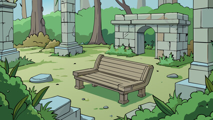 Aufkleber - A weathered stone bench in the center of a forgotten garden the only remaining evidence of a once bustling mansion that now lies in ruins.. Cartoon Vector.
