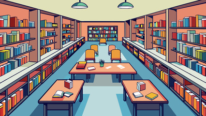 Poster - A warm and cozy public library filled with rows of shelves filled with books of different genres and subjects representing the need for knowledge. Cartoon Vector.