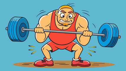 Poster - A weightlifter uses all their strength to pull the barbell up off the ground muscles straining and sweat glistening on their skin.. Cartoon Vector.