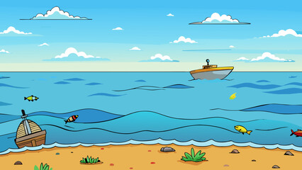Poster - A wide expanse of ocean its vast surface open to the sky and teeming with life beneath. The salty air and gentle waves invite seafarers to journey and. Cartoon Vector.