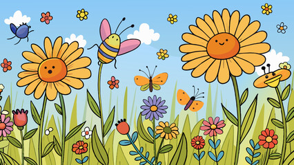 Aufkleber - A wildflower meadow bursting with life and movement. Butterflies flit from flower to flower their delicate wings painted in shades of orange yellow. Cartoon Vector.