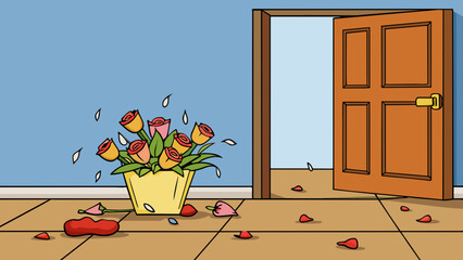 Poster - A wilted bouquet of flowers with petals falling off and the stems drooping p on a doorstep in front of a closed door.. Cartoon Vector.