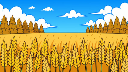 Poster - A wide open field filled with tall golden wheat a bright blue sky above and a few tered trees providing shade.. Cartoon Vector.