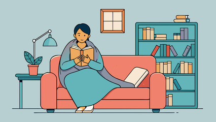 Poster - A woman curled up on a cozy couch engrossed in a book with a soft blanket dd over her shoulders. She radiates a sense of tranquility and contentment. Cartoon Vector.
