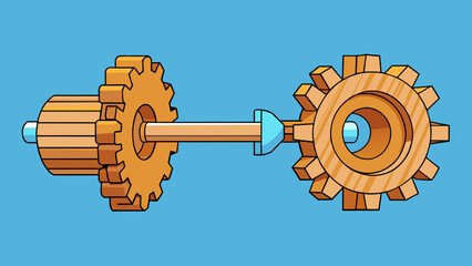 Poster - A wooden gear turning with precision seamlessly connecting two separate parts of a machine to work synchronously.. Cartoon Vector.