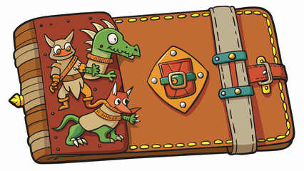 Poster - A worn but sy leather cover with intricate stitching and embossed designs of dragons and knights in battle.. Cartoon Vector.