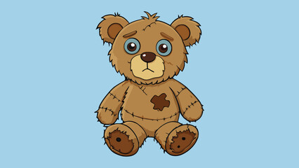 Poster - A worn tattered teddy bear with matted fur and missing button eyes holding precious memories of childhood hugs.. Cartoon Vector.