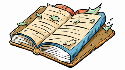 Poster - A worn and tattered book filled with handwritten notes and highlights symbolizing the belief in knowledge and continuous learning.. Cartoon Vector.