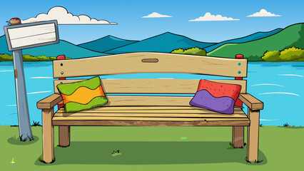 Poster - A worn wooden bench with peeling paint and cracks in the seat is adorned with several colorful pillows and a sign that says Please Enjoy the View. Cartoon Vector.