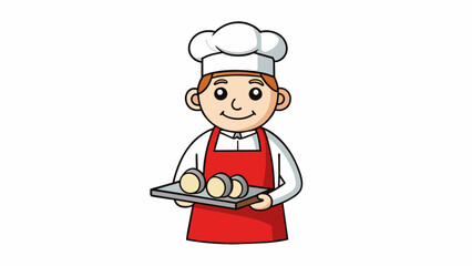 Poster - A worker wearing a red apron and holding a tray of food. The apron is made of durable cotton and has multiple pockets for holding utensils while the. Cartoon Vector.
