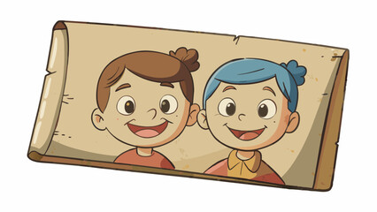 Poster - A worn and faded photograph no bigger than a playing card. Its edges are curled inward and you can ly make out the smiling faces of two children in. Cartoon Vector.