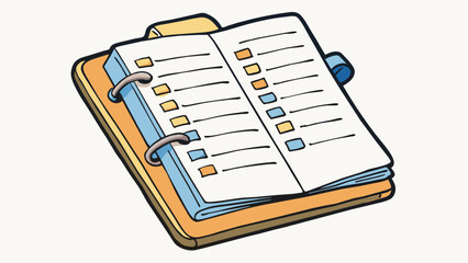 Poster - A wornout notebook filled with scribbled notes and daytoday task lists. This notebook symbolizes the duty of an administrative assistant to keep track. Cartoon Vector.