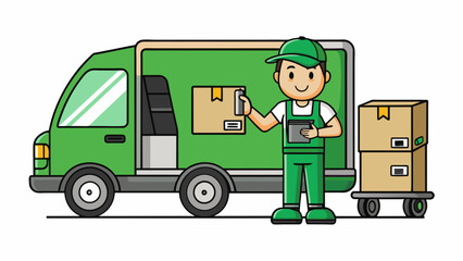 Poster - A worker wearing a green uniform and driving a delivery truck. The uniform is made of polyester and has the companys logo embroidered on it while the. Cartoon Vector.