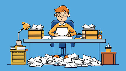 Aufkleber - A writer sits at their desk surrounded by piles of cled papers. Despite the frustration and writers block they continue typing determined to finish. Cartoon Vector.