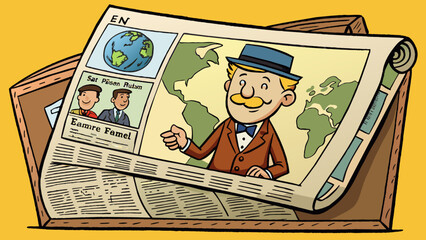 Aufkleber - A yellowed newspaper from years ago was found tucked away in a box. The headlines and stories depicted a world vastly different from the present. Cartoon Vector.