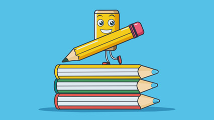 Poster - A yellow pencil is balanced on the edge of a stack of books the eraser end ly touching the tabletop.. Cartoon Vector.