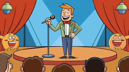 Poster - A y laugh erupted from the comedian on stage resonating throughout the room with its power. It was full of humor and confidence drawing the audience. Cartoon Vector.
