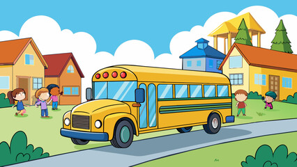 Aufkleber - A yellow school bus making its rounds through a suburban neighborhood stopping to pick up and drop off students along the way. The object is large sy. Cartoon Vector.