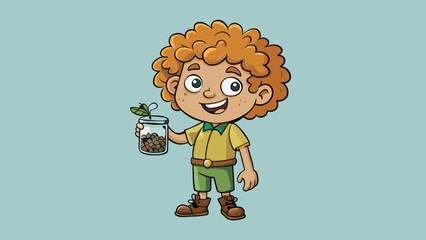 Poster - A young child with wild curly hair dirt stained knees and a mischievous grin. They hold a slingshot in one hand showing their playful and adventurous. Cartoon Vector.