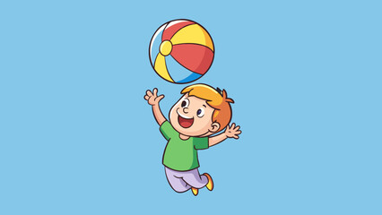 Poster - A young child excitedly throws a colorful bouncy ball high into the air. The balls smooth surface and lightweight material allow it to easily fly. Cartoon Vector.