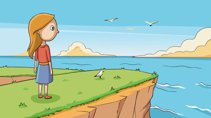 Aufkleber - A young girl stands on the edge of a cliff gazing out at the vast ocean below. The moment is serene and peaceful with the sun shining down on the calm. Cartoon Vector.