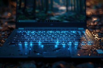 Poster - A laptop with a blue keyboard is open and has a forest scene on the screen