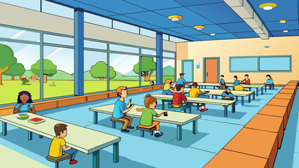 Poster - Cafeteria A spacious area with long tables and benches where students sit and eat lunch. There are large windows that offer a view of the school. Cartoon Vector.