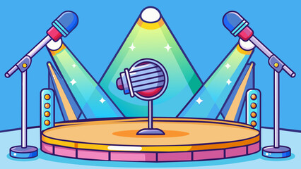 Poster - Bright colorful spotlights shone down on the stage from above highlighting a large metallic microphone stand in the center. The microphone was sleek. Cartoon Vector.
