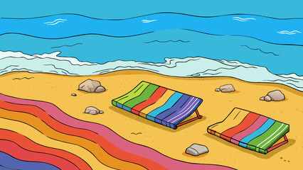 Poster - Brightly colored beach towels adorned the shore eagerly awaiting their sun owners. The distant sound of waves crashing against the rocks could be. Cartoon Vector.