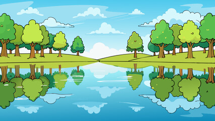 Aufkleber - Calm and reflective A still glassy surface that mirrors the surrounding trees and sky creating a serene atmosphere.. Cartoon Vector.