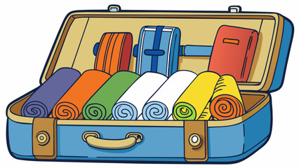 Poster - Characteristics Folded and rolled up clothing items a suitcase with zippers and compartments various sizes and styles of clothing.. Cartoon Vector.