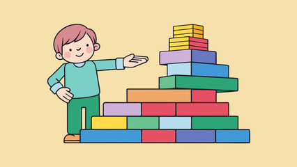 Poster - Characteristics Small rectangular blocks stacked on top of each other different colors and sizes childs hands grasping them.. Cartoon Vector.
