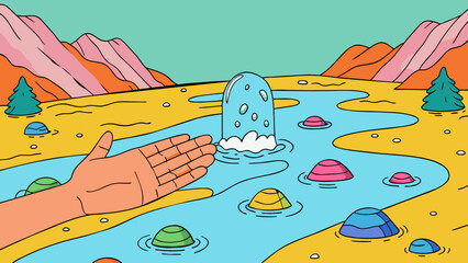 Poster - Cool smooth water rushes between my fingers as I dip my hand into the babbling creek. The brightly colored rocks underneath the surface catch my eye. Cartoon Vector.