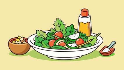 Poster - Create a salad Using fresh greens chopped vegetables and homemade dressing toss together a colorful and healthy dish.. Cartoon Vector.