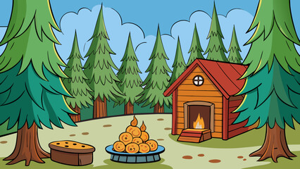 Poster - Contentment Picture a cozy cabin in the woods nestled a towering pine trees. Inside a warm fire crackles in the fireplace and a comfortable armchair. Cartoon Vector.