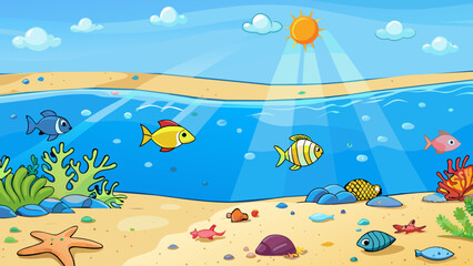 Poster - Crystal Clear Waters Crystal clear waters that glisten under the bright sun. The ocean is teeming with colorful fish and other sea creatures and tiny. Cartoon Vector.