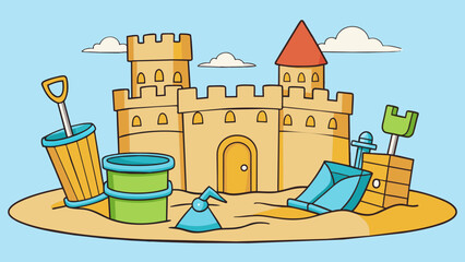 Poster - Create a sandcastle Using buckets and shovels pile and sculpt wet sand into a fortress with towers and a moat.. Cartoon Vector.