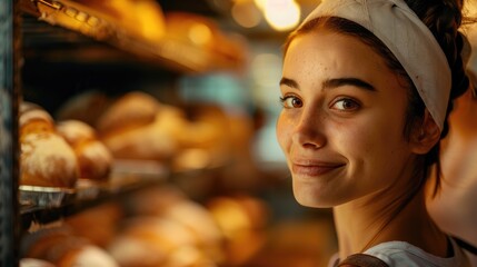 An up-close view of a female baker's content expression, bathed in the warm light from the oven as she looks at perfectly baked bread in a suburban bakery. Blurred customers in the background enhance
