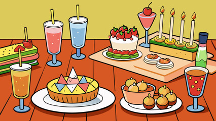 Poster - Delicious trays of finger foods sparkling drinks and an eyecatching cake with candles all arranged on a wooden table adorned with a festive. Cartoon Vector.