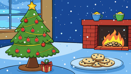 Aufkleber - December The holiday season is in full swing in this illustration. A tall evergreen tree is decorated with ling lights and ornaments standing in front. Cartoon Vector.